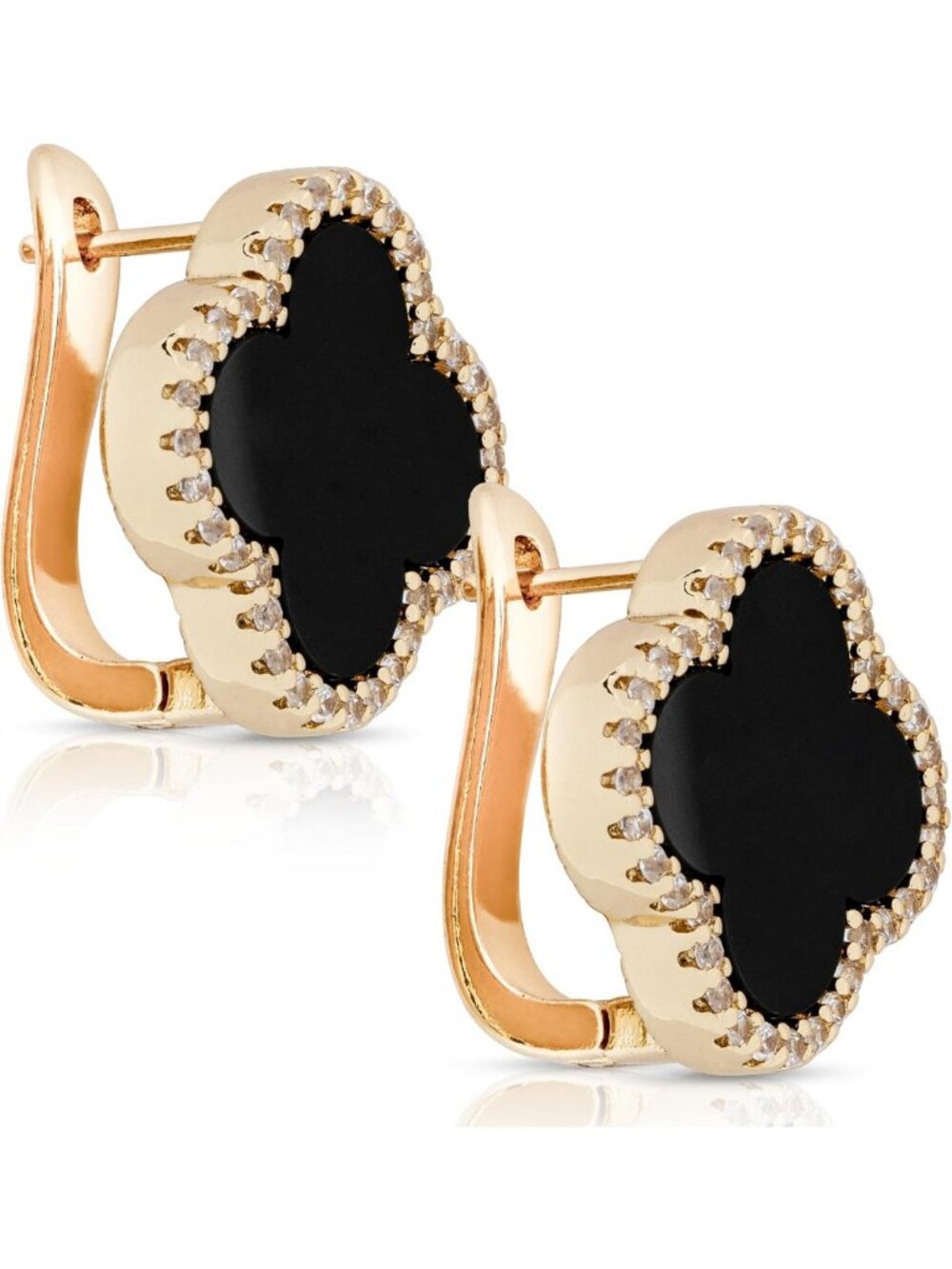 Elegant Four Leaf Clover Earrings | 18K Gold Plated | Black Agate & White Shell